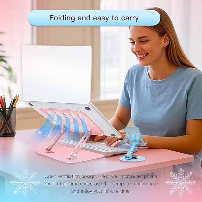 Pink Adjustable Laptop Stand for Desk&Rotating Phone Holder Blue,Portable Stand No Need Install,Perfect for Office,Home & Travel Ideal Cell Phone & Laptop Stand Combo