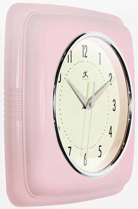 Infinity Instruments Square Silent Retro 9 inch Mid Century Modern Kitchen Diner Retro Wall Clock Quartz Sweep Movement (Pink)