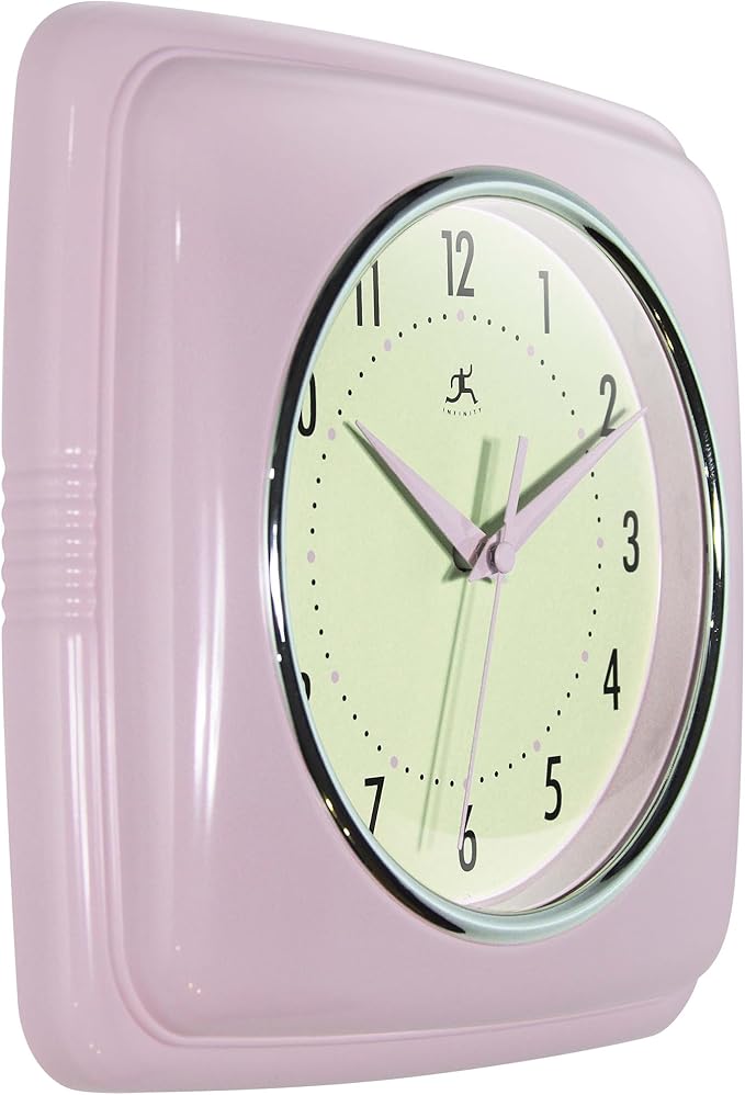 Infinity Instruments Square Retro Wall Clock, Pastel Pink, 9.25"