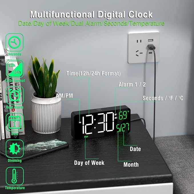 KOSUMOSU Digital Alarm Clocks for Bedrooms,6.7in Black Small Digital Clock for Bedroom, Auto Dimming,Date,Week,Seconds or Indoor Temperature,Desk Clocks for Living Room,LED Alarm Clock Calendar