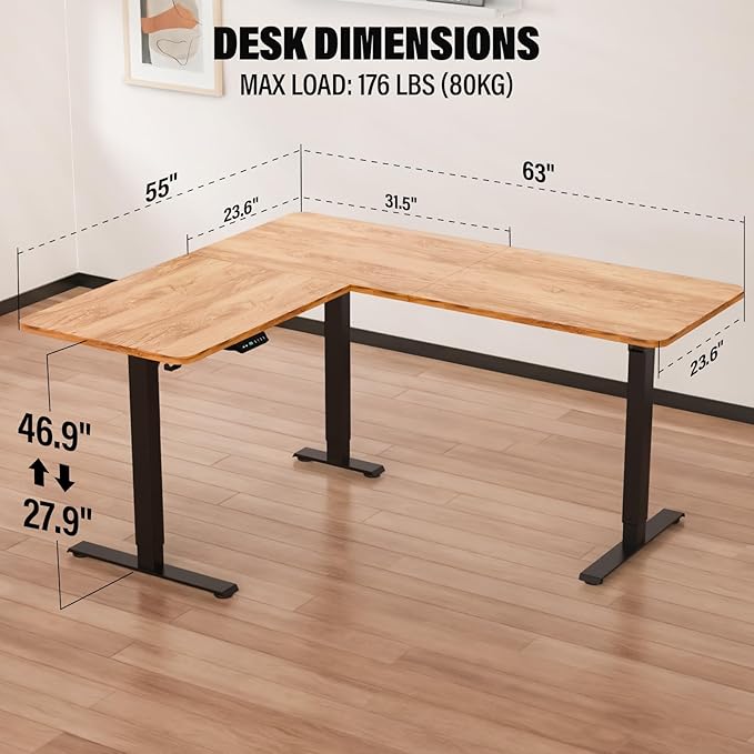 63 x 55 inch L Shaped Standing Desk, Corner Computer Desk, Electric Adjustable Height Stand Up Table, L Sit Stand Desk for Home Office Gaming, Light Brown