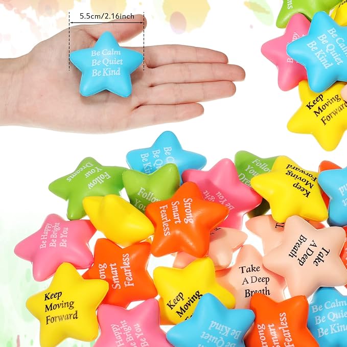 Aoriher 60 Pcs Motivational Stress Balls Quotes Inspirational Funny Colorful Foam Balls Hand Exercise Stress Relief Gifts for Office Small Anxiety Toys for Motivating Encouraging Supply(Star)