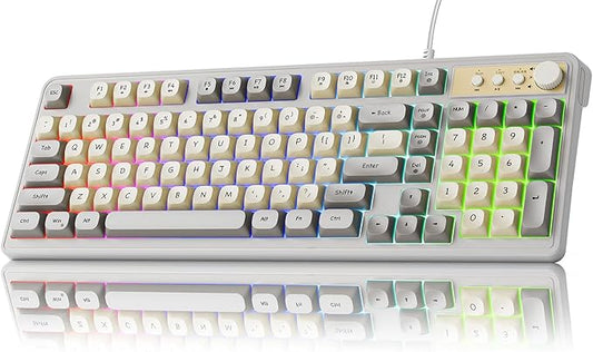 EWEADN G98 RGB Gaming Keyboard Wired, Retro Creamy Membrane Keyboards with Media Knob, Number Pad RGB Backlit, 98 Keys Quite Membrane Computer Keyboard for MAC Xbox PC Gamer - White&Grey