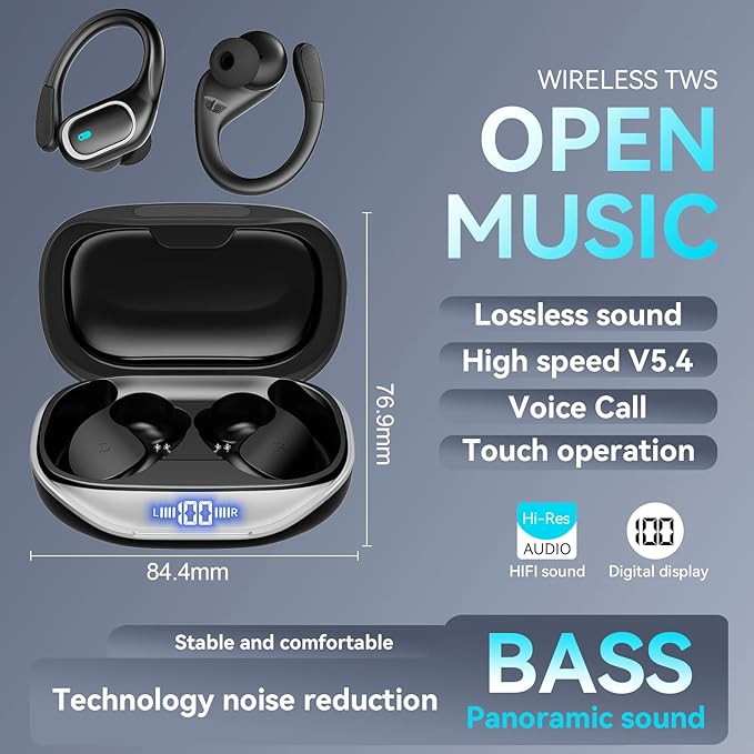 AI Translation Earbuds Real Time 164 Languages Translator Earbuds Noise Cancelling, Open Ear Wireless Earphones, Bluetooth 5.4 Headphones, Translating Device for Travel Business Study, Grey