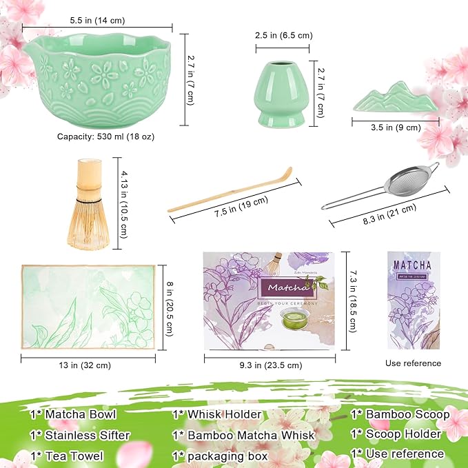 Matcha Whisk Set, Matcha Set 7 Pcs, Ceramic Matcha Bowl with Spout, Bamboo Chasen Whisk & Holder, Scoop, Sifter, Tea Towel, Ideal Gift Christmas, Birthday(Green)