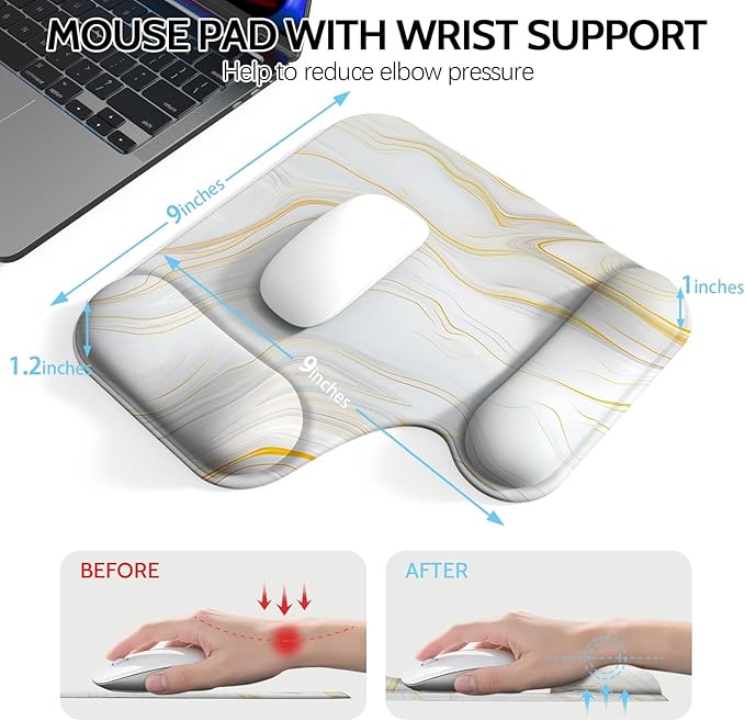 Ergonomic Mouse Pad with Gel Wrist Rest (1"& 1.2" Dual Height) - Mouse Pads Compact Mousepad Desk Mat Office, Gaming & Carpal Tunnel Relief | Non-Slip Rubber Base Gold Marble