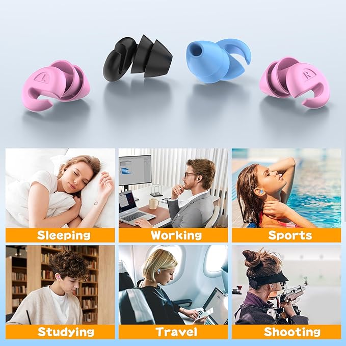 Ear Plugs for Sleeping Noise Cancelling, 38dB Noise Reduction Earplugs, Silicone Reusable Hearing Protection Ear Plug, Waterproof Earplug Suitable for Sleeping, Study, Travel, Concerts (3Pairs)