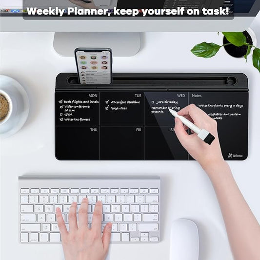 Varhomax Glass Weekly Planner Desk White Board, Desktop Calendar Whiteboard with Storage, to Do List Memo Caddy for Home Office and School Supplies, Black