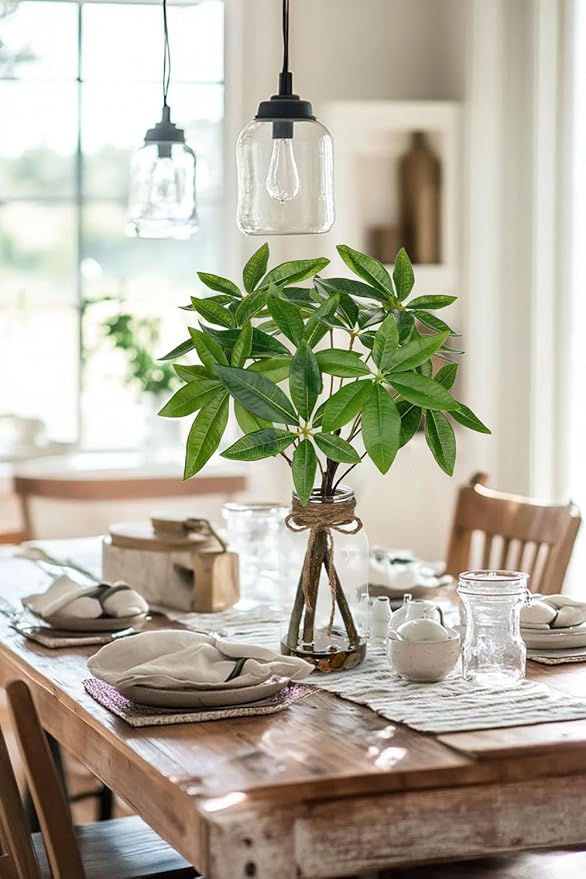 Faux Greenery Stems in Vase Aritificial Money Tree Plant in Glass Vase with Faux Water & Stones 14.2" Small Potted Plants Arrangement Centerpieces for Farmhouse Kitchen Dinner Tables Greenery Decor