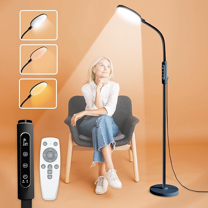 PRIMETEK Happy Lamp10000 Lux Mood Lamp, Dual Control Remote,Touch Screen Sad Lamp, Adjustable LED Floor Lamp, UV-Free Sun Light, 5 Color Temperatures 10 Brightness Levels (Black)