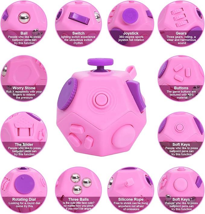Fidget Toys Cube,Finger Cube,12 Sided Fidget Toys Relief Stress and Anxiety Depression Autism for Girls Kids Adults (Pink)