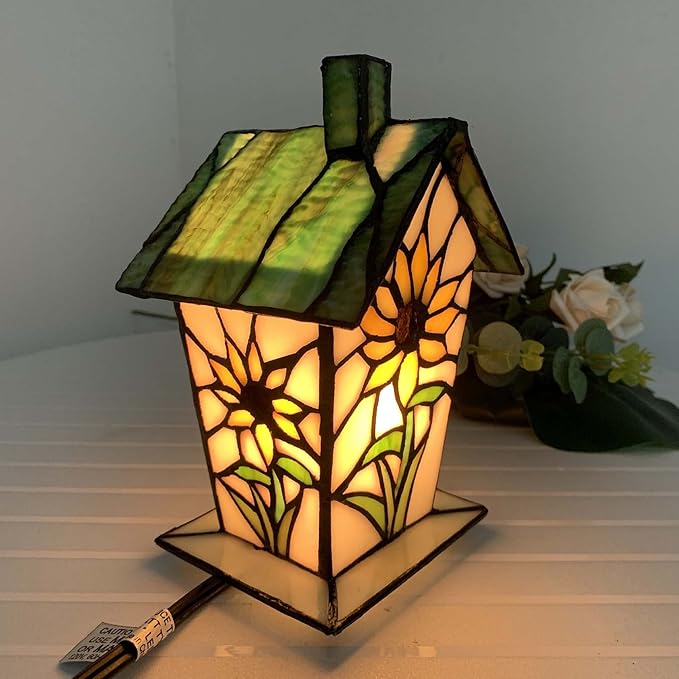 Bieye L10781 Tiffany Style Stained Glass Birdhouse Table Lamp for Home Decor (7-inch High, Sunflower)