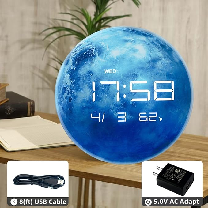 13" Digital Wall Clock with LED Display, Calendar & Temperature, Automatic Dimming, 12/24hr Format, Wall & Desk Use - HUI-7862