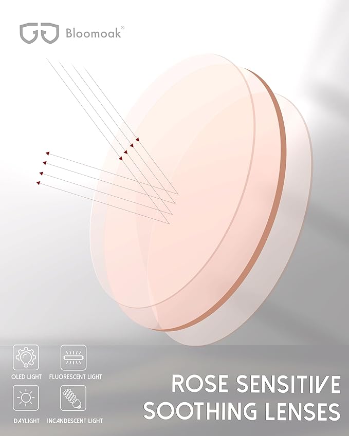 Bloomoak Rose Tinted Photochromic for Indoor/Outdoor UV 400/Migraine Relief Glasses for Fluorescent LED Glare/Photophobia