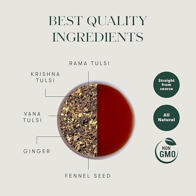 Luxmi Estates - Holy Basil - Organic Tulsi Tea - Loose Leaf - 50g (25 Cups) | With Tulsi and Ginger | Provides Immune Support, Stress Relief and Uplifts Mood