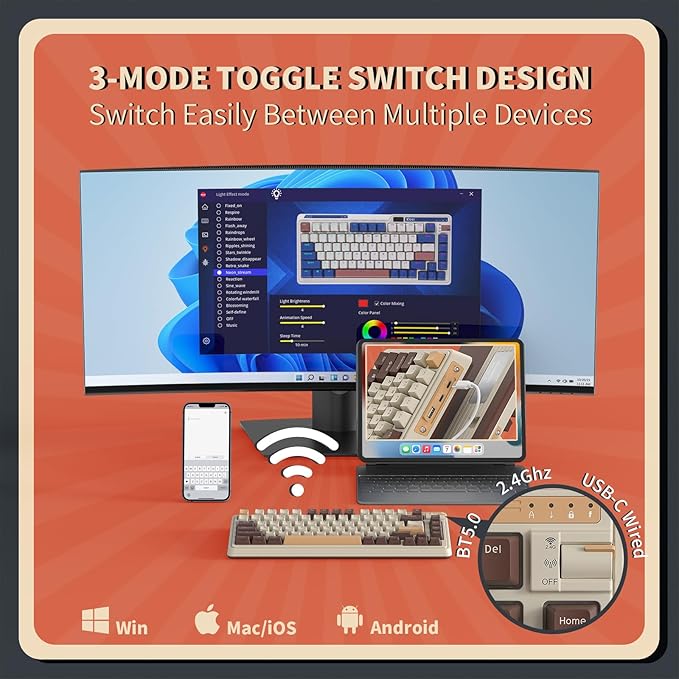 K75 PRO RGB 75% Wireless Gasket Mechanical Keyboard, Triple Mode BT 5.0/2.4G/USB-C 82 Keys Hot Swappable Gaming Keyboard w/Knob & Power Display, Custom Tactile Switches, Mousse Brown