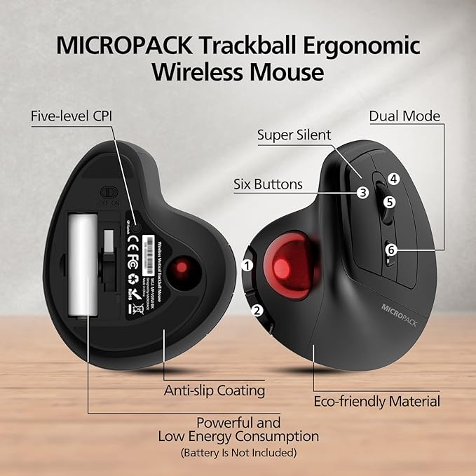 MicroPack Ergonomic Wireless Mouse with Trackball and 5 Adjustable DPI, Easy Thumb Control, Precise & Smooth Tracking. Update Bluetooth Medium-Sized Right Hand Mouse for Laptop, PC, Mac, Windows
