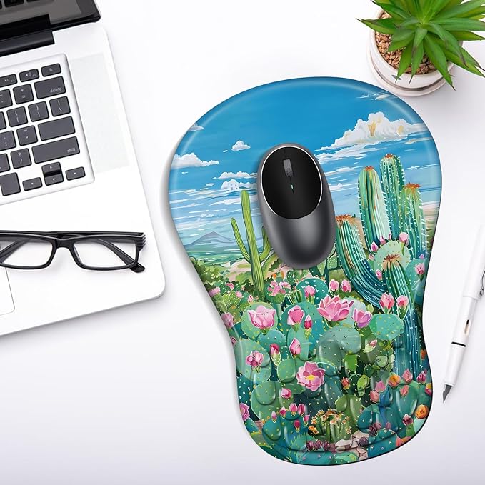 Ergonomic Mouse Pad with Wrist Rest Support, Mousepad with Comfortable Memory Foam Wrist Rest and Non-Slip PU Base for Pain Relief, Computer, Laptop, Office, Home (Cactus)