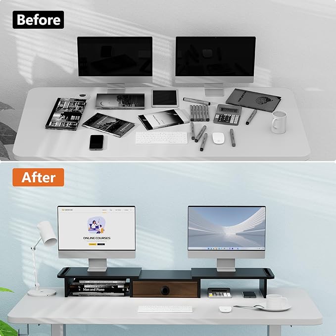 Dual Monitor Stand Riser with Drawer-Adjustable Length and Angle, Monitor Stand Riser for 2 Monitors, Desktop Organizer Stand for Computer/Laptop/PC/Printer (Black)