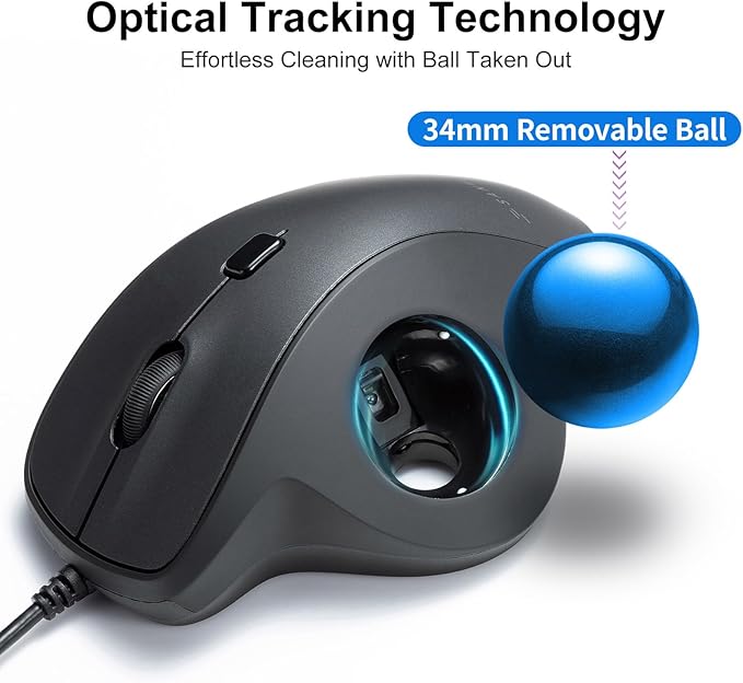 SANWA Wired Ergonomic Trackball Mouse, Optical Vertical Rollerball Mice, Silent Buttons, 34mm Trackball, 600/800/1200/1600 DPI, Compatible with MacBook, Laptop, Computer, Windows, macOS, Blue