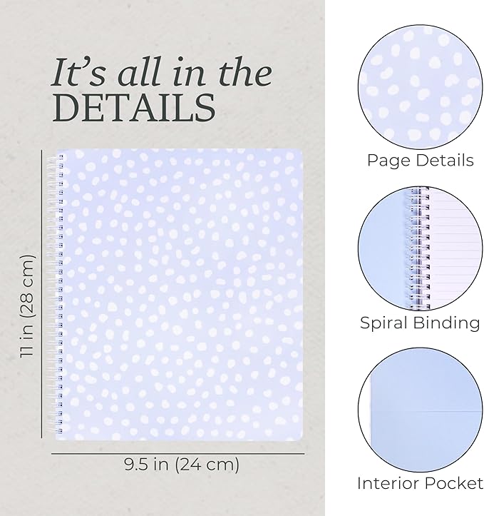 Steel Mill & Co Cute Large Spiral Notebook College Ruled, 11" x 9.5" with Durable Hardcover and 160 Lined Pages, Light Blue Dots