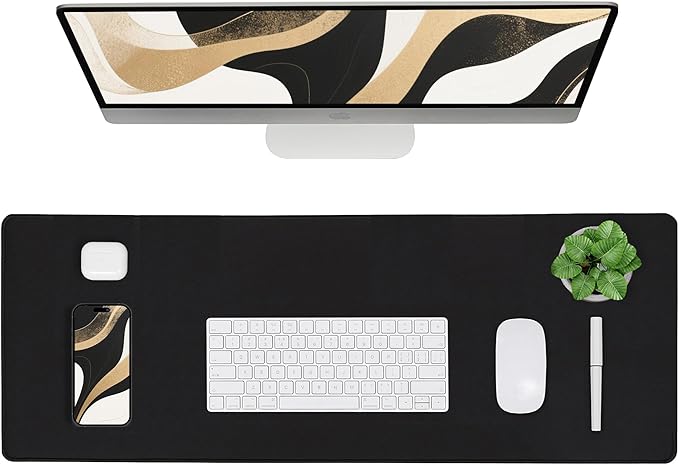 ALOANES Black Waterproof Desk Mat, Large, with Extended Mouse Mat, Office Desk Protector with Anti-Slip Base, Stitched Edge, Grain Jacquard Surface, Perfect for Gamer, Home, XL,11.81''x27.56''x0.12'