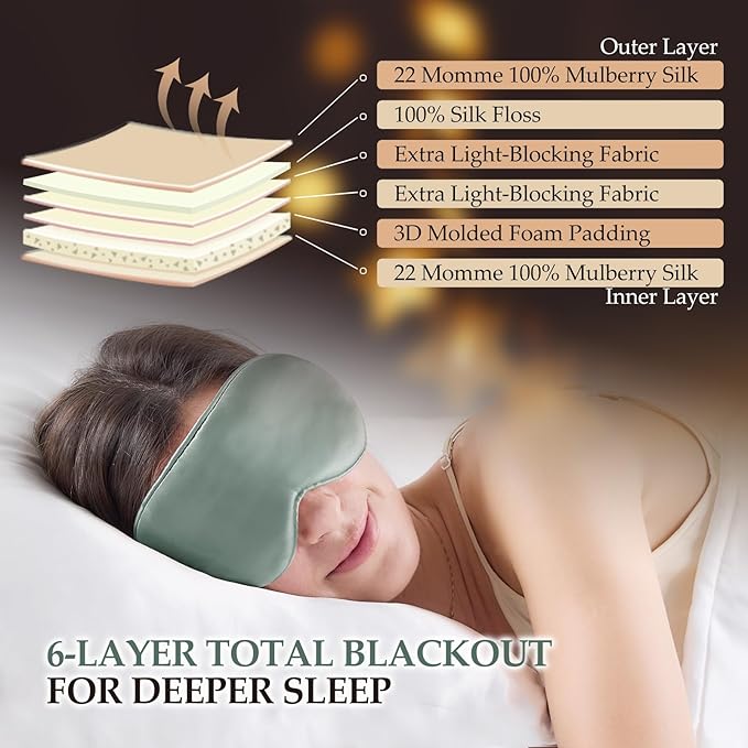 100% Mulberry Silk Sleep Mask for Unisex, 22 Momme 3D Silk Contoured Eye Mask, Breathable Light Blocking Blindfold with Adjustable Strap, Blackout Eye Cover for Travel, Grayish Green