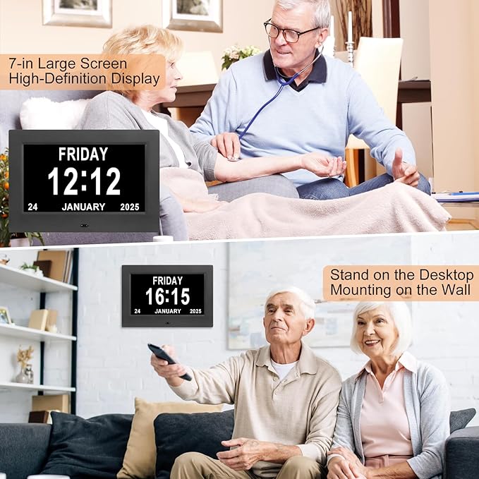 Black Clock with Day and Date for Elderly Dementia Patients-Large Number Digital Clocks for Seniors-Digital Calendar Day Clock for Seniors Large with 12 Alarms, Auto Dimming