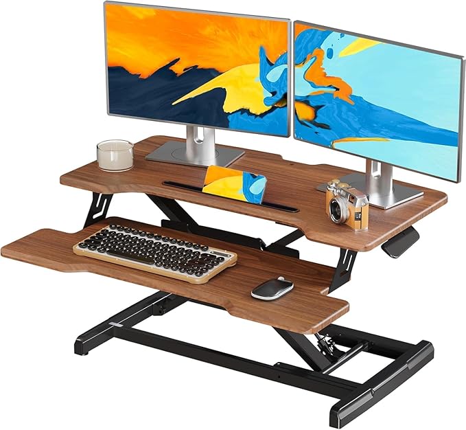 Standing Desk Converter 32 inch, Height Adjustable Sit Stand Desk Riser, Quick Sit to Stand Tabletop Dual Monitor Riser Workstation for Home Office with Keyboard Tray, Dark Wood