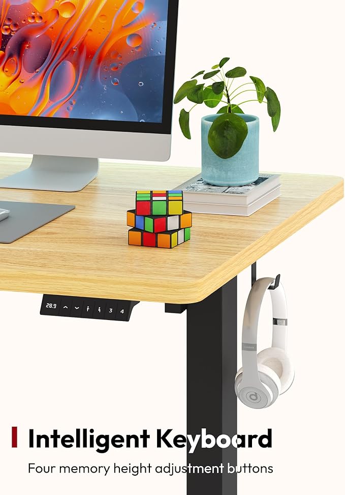 SANODESK Electric Standing Desk 55 x 28 Inches Whole-Piece Desktop Height Adjustable Stand Up Desk w/6-Button Controller Ergonomic Computer Desk for Home Office, Black Frame + Natural Tabletop