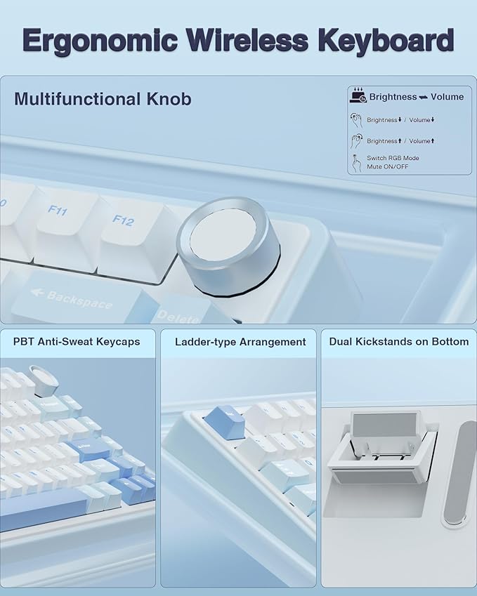 AULA F75 75% Wireless Mechanical Keyboard, Hot Swappable Creamy Keyboard, Pre-lubed Greywood Switches RGB Backlit Gaming Keyboards, 2.4GHz/Type-C/BT5.0(Salt White Blue)