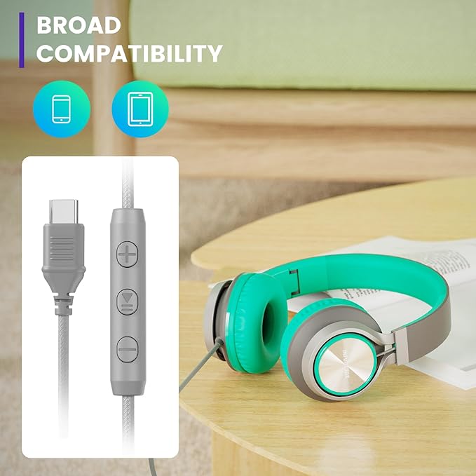 INFURTURE USB C Headphones Wired with Mic & Volume Control,Tangle-Free Plaiting Line,Type C Over/On-Ear Headphones,Lightweight Foldable for Smartphone,Tablet,iPhone 16/15 Series (Green)