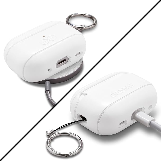 Dreem Om Case Cover with Keychain Clip Compatible with AirPods Pro 2/Pro, Protective One-Piece Hard Shell, Luxury Vegan Leather AirPod Pro Case 2nd/1st Generation with Separate Clip [White]