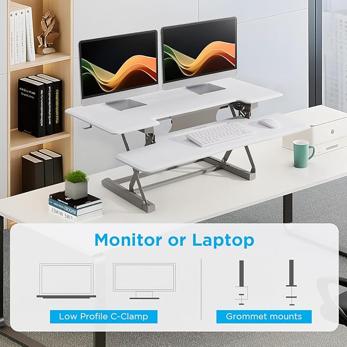 46" Electric Standing Desk Converter, Dyropcurv Series Height Adjustable Computer Desk Ergonomic Home Office Desk for Adults, Sit to Stand Desk with Quiet Motor, White