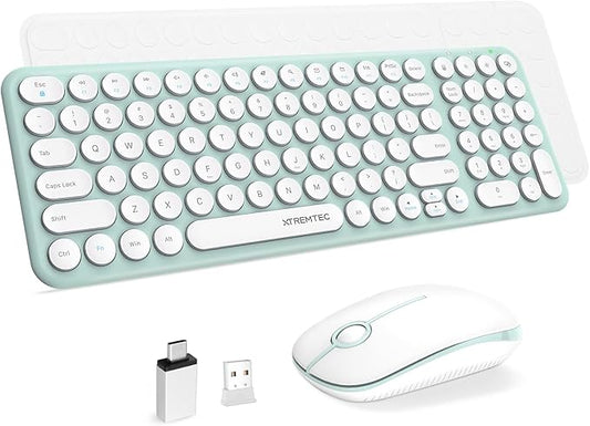 Wireless Keyboard and Mouse Combo, XTREMTEC Cute Kawaii Green Aesthetic Quiet Laptop Keyboard Teclado y Mouse Inalambrico Mac (Macaron Green)