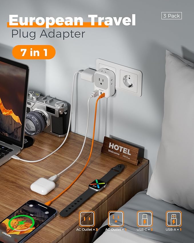 European Travel Plug Adapter 3 Pack, TESSAN Type C Charger Plug with 4 Outlets 3 USB (2 USB-C), US to Europe Plug Adapter for Italy, Spain, France, Portugal, Greece, Iceland, Travel Essentials
