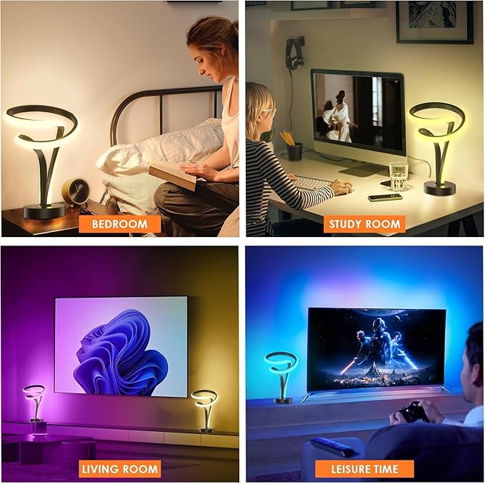 Spiral RGB LED Table Lamp - 7 Colors Touch Dimmable, 10 Lighting Modes Night Light for Bedroom Office, USB Powered Modern Desk Lamp, Ideal Gift (Black)