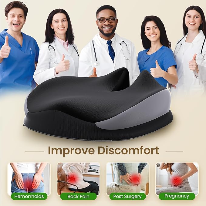 Benazcap Large Seat Cushion for Office Chair Memory Foam Coccyx Pain Relief Cushion Pillow for Back Support Non-Slip Seat Pad for Office Desk, Car Seat, Wheelchair, Sciatica