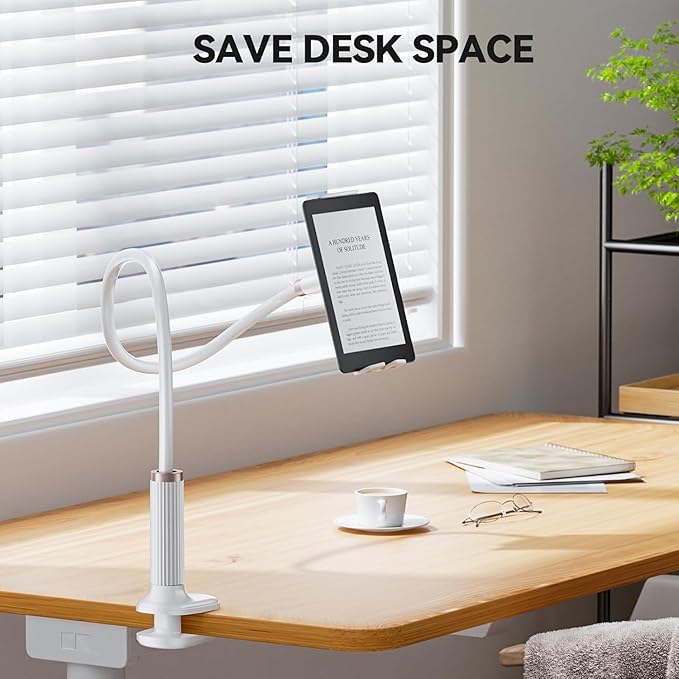 Gooseneck Tablet Holder, Tablet Stand : Flexible Arm Clip Mount Compatible with iPad mini Pro Air, Kindle, Switch, Galaxy Tabs, More 4.7-11" Devices- (White)