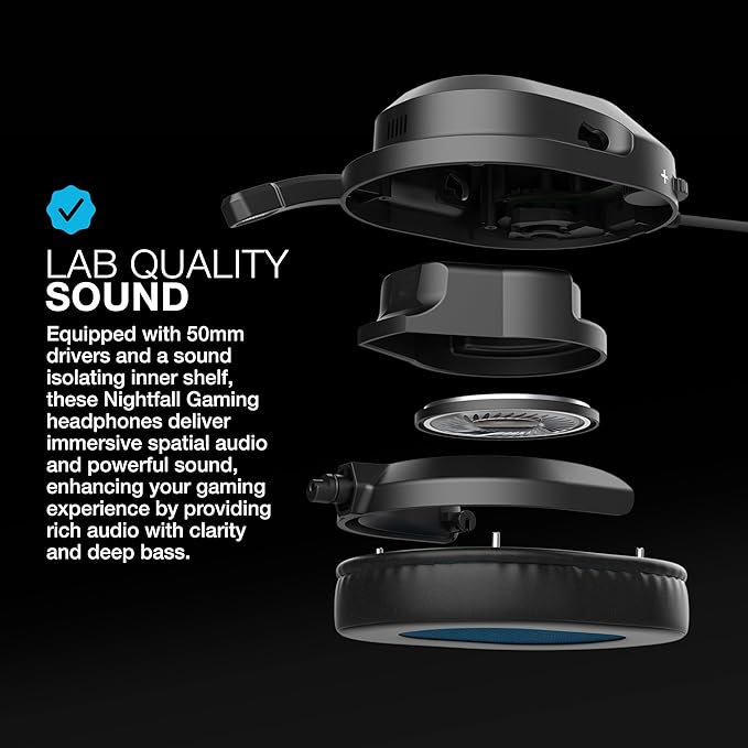 JLab Nightfall Gaming Headset with Near-Field Directional Flip-to-Mute Rotating Boom Mic, 50mm Drivers and Sound Isolating Inner Shelf, Wired 3.5mm for PC, PS5, PS4, Xbox Series X/S, Xbox one, Switch