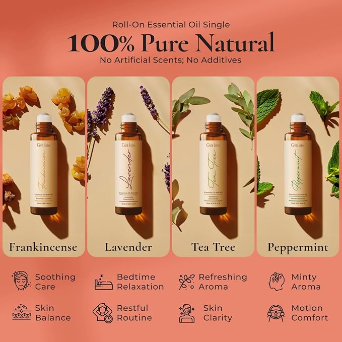 Gya Labs Classic Roll on Essential Oils Set - 100% Pure Natural Frankincense, Peppermint, Lavender, Tea Tree Oil Rollers for Skin & Body Comfort, Relaxing Gift for Women (0.34 Fl Oz Each)