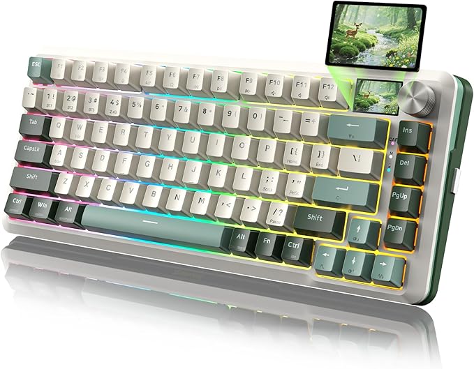 Redragon K708 Pro Wireless Mechanical Gaming Keyboard - Gasket-Mounted RGB Backlit, 81 Customizable Keys, 3-Mode (2.4G/Bluetooth/USB), Hot-Swap Pre-Lubed Switches, Screen & Control Knob - White Green