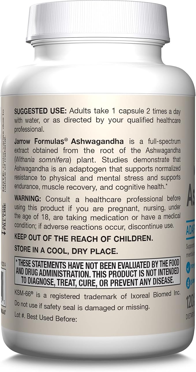 Jarrow Formulas® Ashwagandha Capsules, 300 mg Supplement Supports Normalized Resistance to Mental and Physical Stress, 120 Veggie Capsules, 60 Day Supply