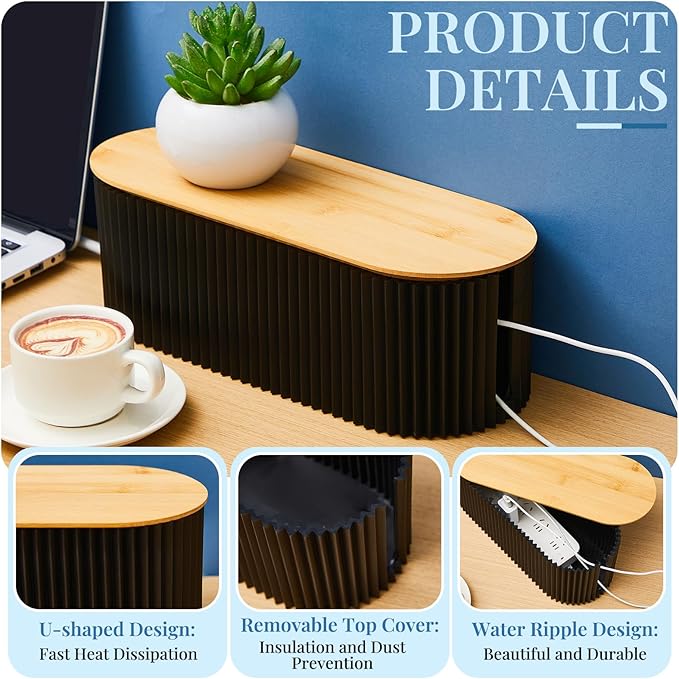 Marsui 2 Pcs Cable Management Box Cord Hider Box Cord Organizer with 46 Pcs Cable Management Kit Wire Box for Power Strips Surge Protectors Desk TV Computer Wires Home Office（Black）