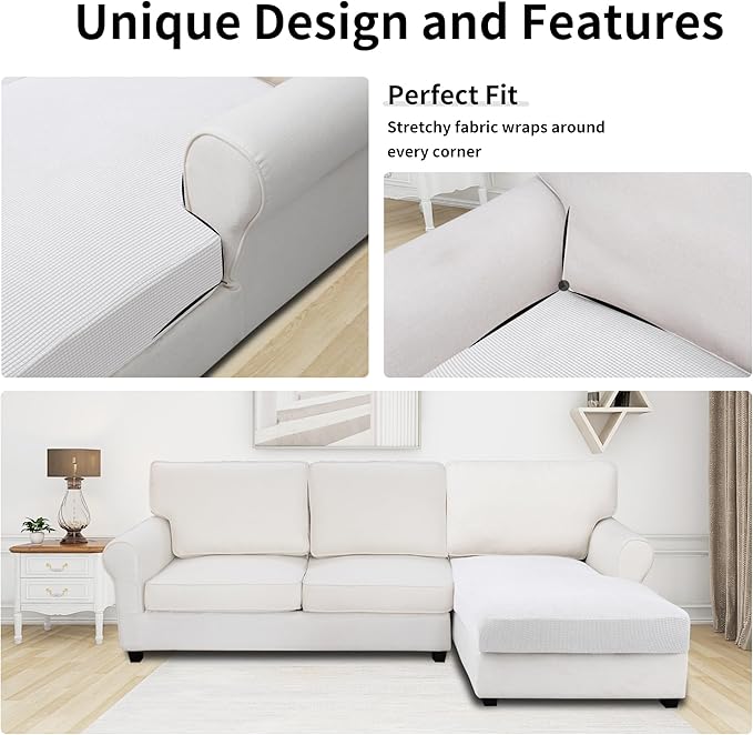 Easy-Going Stretch Sectional Couch Covers 1 Piece Chaise Lounge Slipcover L Shape Separate Cushion Couch Seat Chaise Cover for Both Left/Right Sectional Couch Snow White