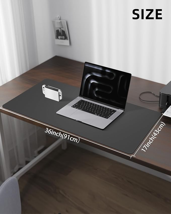 Leather Desk Pad Protector, Large Mouse Pad and Non-Slip Desk Cover, Waterproof PU Leather Blotter Mat for Office and Home (Dark Grey, 36" x 17")