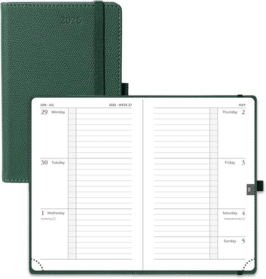 POPRUN Weekly Planner 2026 Calendar (Pocket 4'' x 6.25'') 12 Months Notebook with Horizontal Layout, Leather Hardcover, Inner Pocket, 100GSM Thick Paper, Pen Holder - Army Green