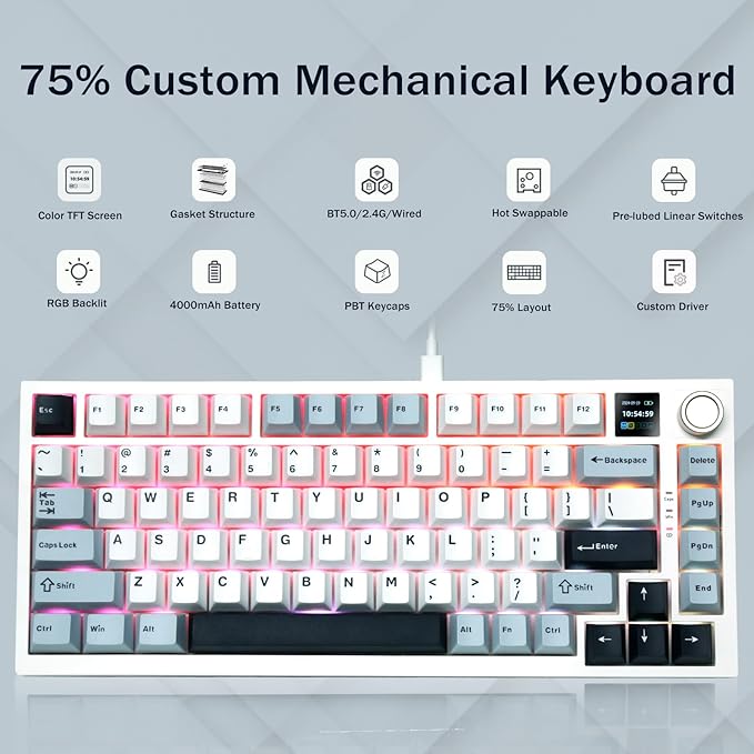 75% Wireless Mechanical Gaming Keyboard, Creamy Sound, Hot Swappable, Pre-lubed Linear Switches, Gasket Structure, Multimedia Display, RGB Backlit, 2.4GHz/USB/BT5.0, Custom Keyboard for Win/Mac