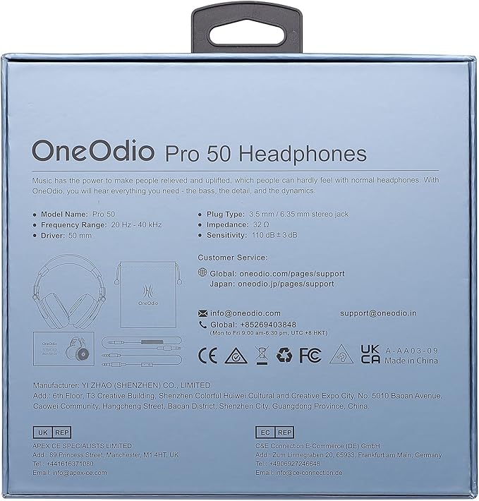 OneOdio Hi-Res Over Ear Headphones for Studio Monitoring and Mixing, Sound Isolation, Protein Leather Earcups, 50mm Driver Unit, Wired Headphones for AMP Guitar Keyboard (Pro-50 Metallic Blue)