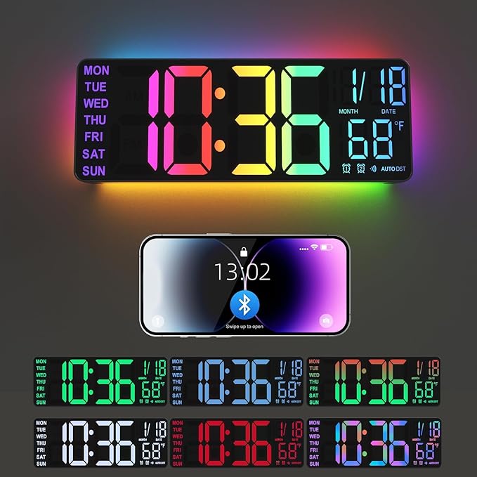 Digital Wall Clock Large Display, 13" Large Digital Wall Clock with RGB Color Remote Control, Automatic Brightness Dimmer Big Clock with Night Lights, Auto DST, Date Week,Perfect for Gift